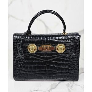 Gianni Versace Couture Black Croc Embossed Medusa Kelly Top Handle Bag Italy